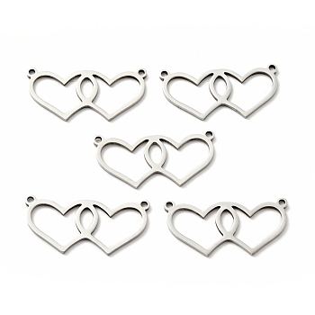 304 Stainless Steel Links Connectors, Double Heart, Stainless Steel Color, 13x26.5x1mm, Hole: 1.3mm