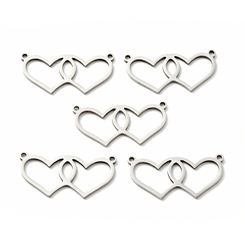 Non-Tarnish 304 Stainless Steel Links Connectors, Double Heart, Stainless Steel Color, 13x26.5x1mm, Hole: 1.3mm