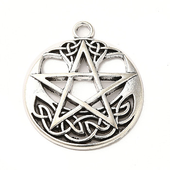 Tibetan Style Alloy Pendants, Cadmium Free & Lead Free, Pentagram with Knot Charms, Antique Silver, 34.5x30x3mm, Hole: 3mm, about 194Pcs/1000G