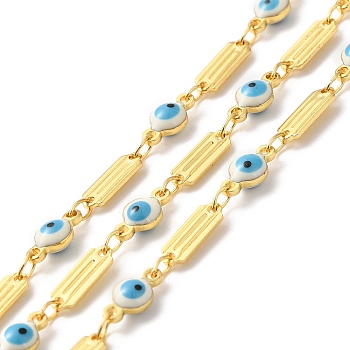 Handmade Enamel Evil Eye Beaded Chains, Real 18K Gold Plated Brass Rectangle Link Chains, Soldered, with Spool, Cadmium Free & Lead Free, Sky Blue, Rectangle: 9.5x3.5x1mm, Evil Eye: 9x4.5x3mm