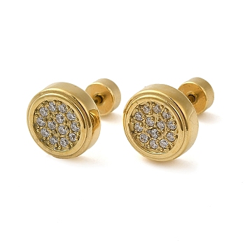 304 Stainless Steel with Rhinestone Stud Earrings, Flat Round, Real 14K Gold Plated, 8.5mm