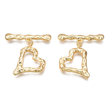 Brass Toggle Clasps, Cadmium Free & Nickel Free & Lead Free, Heart, Real 18K Gold Plated, 29~33mm long, Bar: 7.5x30x3.5mm, hole: 1.2mm, Jump Ring: 5x1mm, Inner Diameter: 3mm, Ring: 22x21.5x3.5mm, Hole: 1.2mm