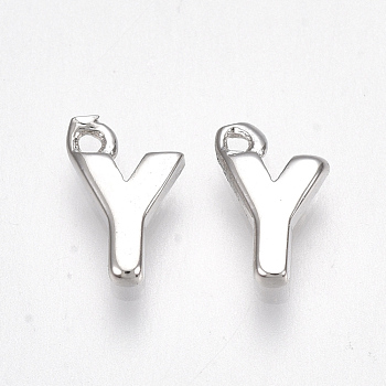 Brass Charms, Letter, Nickel Free, Real Platinum Plated, Letter.Y, 8x5x1.5mm, Hole: 0.8mm