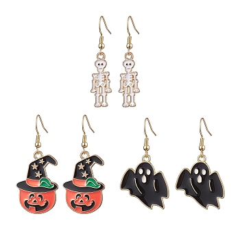 3Pairs 3 Styles Halloween Alloy Enamel Dangle Earrings, 304 Stainless Steel Earrings for Women, Mixed Color, 41.5~47x10~21mm, 1pair/style