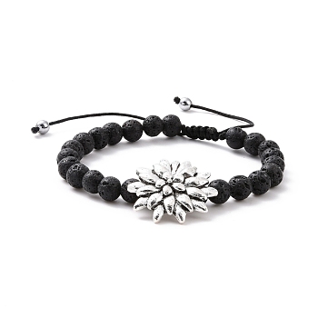 Natural Lava Rock & Synthetic Hematite Braided Bead Bracelet with Alloy Lotus, Essential Oil Gemstone Jewelry for Women, Inner Diameter: 2-3/8~3-1/4 inch(6~8.2cm)