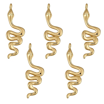 5Pcs Brass Charms, Lead Free & Cadmium Free, Snake, Golden, 28x9x3.5mm, Hole: 1.2mm