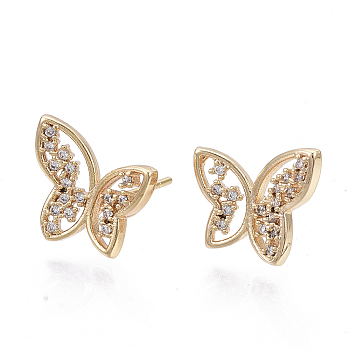 Brass Micro Pave Clear Cubic Zirconia Stud Earrings, Nickel Free, Butterfly, Real 18K Gold Plated, 12x13mm, Pin: 0.8mm