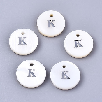 Natural Freshwater Shell Pendants, with Platinum Plated Iron Etched Metal Embellishments, Flat Round with Initial Letter, White, Letter.K, 11x2mm, Hole: 1.5mm