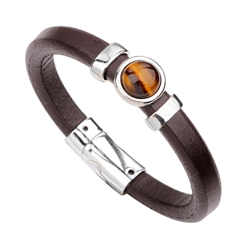 Natural Tiger Eye Flat Round Link Bracelet with Imitetion Leather Cords and Metal Magnetic Clasps, 9-1/4 inch(23.5cm)