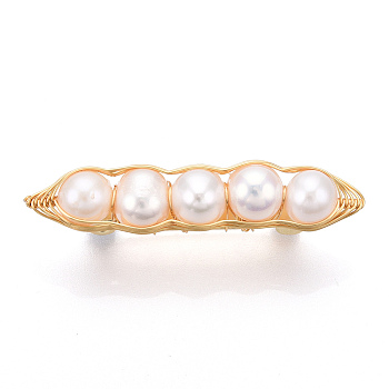 Natural Pearl Brooches for Women, Brass Wire Wrapped Pea Pins, Real 14K Gold Plated, 45.5x9x14.5mm
