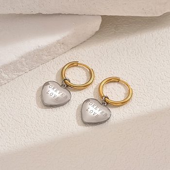 Stainless Steel Heart with Word Hoop Earrings, Golden & Silver