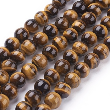 Natural Tiger Eye Beads Strands, Grade A, Round, Goldenrod, 10mm