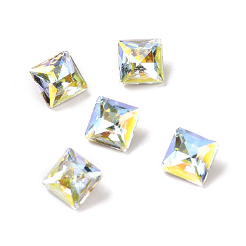 Light AB Style Glass Cabochons, Pointed Back & Back Plated, Faceted, Square, Light Crystal AB, 6x6x3.7mm