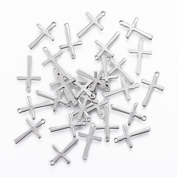 Tarnish Resistant 201 Stainless Steel Tiny Cross Charms, Stainless Steel Color, 14.5x9x0.8mm, Hole: 1mm