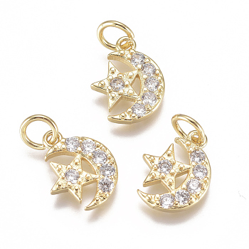 Brass Micro Pave Cubic Zirconia Charms, with Jump Ring, Long-Lasting Plated, Moon with Star, Clear, Real 18K Gold Plated, 12x9x2mm, Hole: 3mm