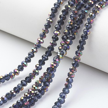 Electroplate Transparent Glass Beads Strands, Half Rose Gold Plated, Faceted, Rondelle, Prussian Blue, 4x3mm, Hole: 0.4mm, about 123~127pcs/strand, 16.5~16.9 inch(42~43cm)