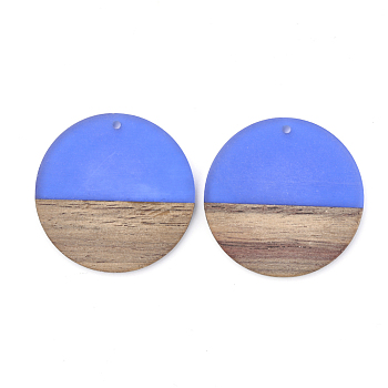Resin & Walnut Wood Pendants, Flat Round, Royal Blue, 38~39x4mm, Hole: 1.8mm