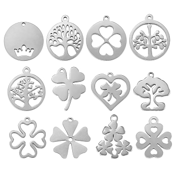 12Pcs 12 Style 304 Stainless Steel Charms, Laser Cut, Mixed Shapes, Stainless Steel Color, 1pc/style