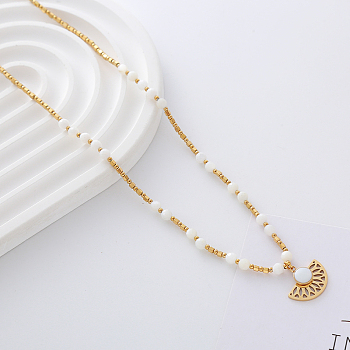 Fan Stainless Steel Pendant Neacklaces, Natural Shell Beaded Necklaces for Women, Real 18K Gold Plated, 17.32 inch(44cm)