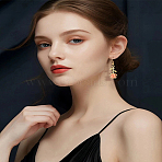 1 Pair Alloy Enamel Dangle Earrings, Rose Flower, Golden, Black, 45x12.5mm(EJEW-LP0007-108C)