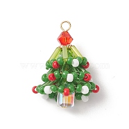 Christmas Theme Glass Seed Beads Pendants, with Golden Brass Findings, Tree, Colorful, 32.5x23mm, Hole: 2.3mm(PALLOY-TA00027)