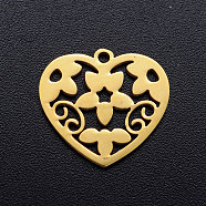 201 Stainless Steel Pendants, Heart with Flower, Golden, 15x16x1mm, Hole: 1.2mm(STAS-T046-JN255-2)