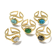 304 Stainless Steel Open Cuff Rings, Synthetic Malachite & Turquoise Oval Finger Rings for Women Men, Real 18K Gold Plated, Adjustable(RJEW-C079-10G)