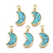 Real 18K Gold Plated Brass Pendants, with Synthetic Turquoise Cabochons, Cadmium Free & Nickel Free & Lead Free, Moon, Turquoise, 15.5x10x3mm, Hole: 2.5x5mm(KK-N233-170A-01B)