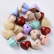 Opaque Acrylic Beads, Two Tone, with Rose Gold Plated Flat Plate, Half Drilled, Heart, Mixed Color, 15x18x13.5mm, Half Hole: 2.5mm(SACR-N007-14)