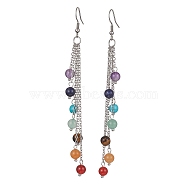 Chakra Natural & Synthetic Mixed Gemstomne Beaded Dangle Earrings, 316 Surgical Stainless Steel Chains Tassel Earrings, Round, 106mm(EJEW-JE05427-01)