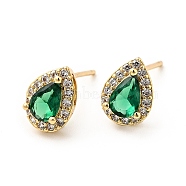 Green Cubic Zirconia Teardrop Stud Earrings, Rack Plating Brass Jewelry for Women, Real 18K Gold Plated, 9x7mm, Pin: 0.8mm(EJEW-F288-20G)