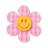 Tartan Pattern Acrylic Big Pendants, Flower with Smiling Face, Deep Pink, 55x50x4.5mm, Hole: 1.8mm(OACR-B008-B02)