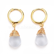 Brass Huggie Hoop Earrings, with Baking Painted Glass Wire Wrapped Pendants, Teardrop, Golden, Light Sky Blue, 34mm, Pin: 1mm(EJEW-JE04399-02)