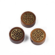 Natural Rosewood Undyed Beads, with Raw(Unplated) Brass Slices, Flat Round, Saddle Brown, 15x7mm, Hole: 1.8mm(WOOD-N013-025)