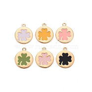 Brass Enamel Charms, Nickel Free, Flat Round with Clover, Mixed Color, Real 18K Gold Plated, 14x12x1mm, Hole: 1.2mm(KK-S356-669G-NF)