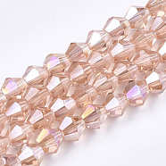 Electroplate Glass Beads Strands, AB Color Plated, Faceted, Bicone, Pink, 6x5.5~6mm, Hole: 1mm, about 47~48pcs/strand, 10.83 inch(27.5cm)(EGLA-Q118-6mm-B11)