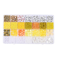 DIY 28 Style Resin & Acrylic & ABS Beads Jewelry Making Finding Kit, Flat Round & Rice & Barrel & Nugget & Heart & Strip, Yellow, 5.5~18.5x7~14x2~12x1.5~11mm, Hole: 0.7~2mm(DIY-NB0012-03H)