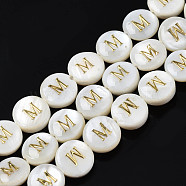 Natural Freshwater Shell Beads, with Golden Enamel, Horizontal Hole, Flat Round with Alphabet, Seashell Color, Letter.M, 8x3.5~4.5mm, Hole: 0.5mm, about 40pcs/strand, 12.20~12.60inch(31~32cm)(SHEL-S276-168M)