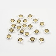Silver Color Plated Brass Glass Links connectors, Faceted Flat Round, Coffee, 15x9x3mm, Hole: 1mm(GLAA-J076-03S)