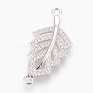 Brass Micro Pave Cubic Zirconia Links, Lead Free & Cadmium Free & Nickel Free, Long-Lasting Plated, Leaf, Clear, Platinum, 26x12.5x2.5mm, Hole: 1.2mm(ZIRC-E153-18P-NR)