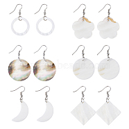 FIBLOOM 6 Pairs 6 Style Natural Shell Geometry Dangle Earrings, Alloy Earrings for Women, Rhombus & Ring & Moon & Flower & Flat Round, Mixed Shapes, 45~56x17~34.5mm, 1 Pair/style(EJEW-FI0001-79)