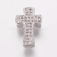 Brass Cubic Zirconia Beads, Cross, Clear, Platinum, 14x9x3.5mm, Hole: 1mm(KK-P134-09P)