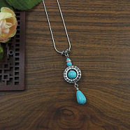 FlaExotic Ethnic Style Miao Silver & Synthetic Turquoise Drop Penant Necklaces, Antique Silver, Round(NL3465-5)