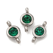 304 Stainless Steel Single Rhinestone Connector Charms, Flat Round Links, Stainless Steel Color, Med.Emerald, 12x6.5x4mm, Hole: 2mm(STAS-E194-13P-07)