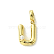 Rack Plating Brass with ABS Plastic Pearl European Dangle Charms, Large Hole Pendants, Long-Lasting Plated, Lead Free & Cadmium Free, Real 18K Gold Plated, Letter U, 23mm long, hole: 5mm, pendant: 15x11x5mm(KK-G501-02U-G)