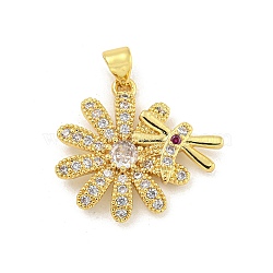 Rack Plating Brass Micro Pave Cubic Zirconia Pendants, Cadmium Free & Lead Free, Long-Lasting Plated, Flower & Dragonfly, Real 18K Gold Plated, 21.5x23.5x3.5mm, Hole: 3.5x5mm(KK-G513-35G)