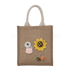 Jute Tote Bags Soft Cotton Handles Laminated Interior, with Cloth Flower Decoration and Handles, for Embroidery DIY Art Crafts, Reusable Grocery Bag Shopping Tote Bag, Dark Green, 35cm, 23x21x15.5cm, Fold: 23x21x1.3cm(ABAG-F003-04)