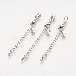 Platinum Color Brass Chain Extender with Lobster Claw Clasps and Fold Over Crimp Cord Ends, 67mm, Lobster Clasp: 12x8x3mm, End: 9x4mm,3mm inner diameter(X-KK-G149-N)
