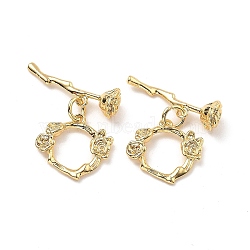 Brass Toggle Clasps, Flower, Real 18K Gold Plated, Ring: 14x15x3mm, Hole: 1mm, Bar: 21x6x6mm, hole: 1mm(KK-B129-20G)