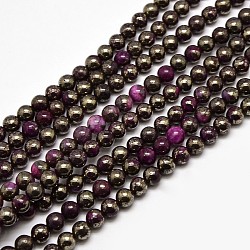 Electroplate Gemstone Natural Pyrite Round Beads Strands, Dyed, DeepPink, 6mm, Hole: 1mm; about 66pcs/strand, 15.74inches(G-L129-6mm-02)